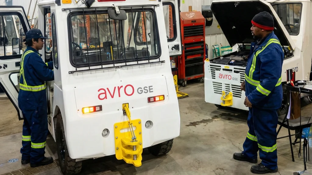 Service Technicians working on Baggage Tractors for Avro GSE's Proactive Maintenance Program